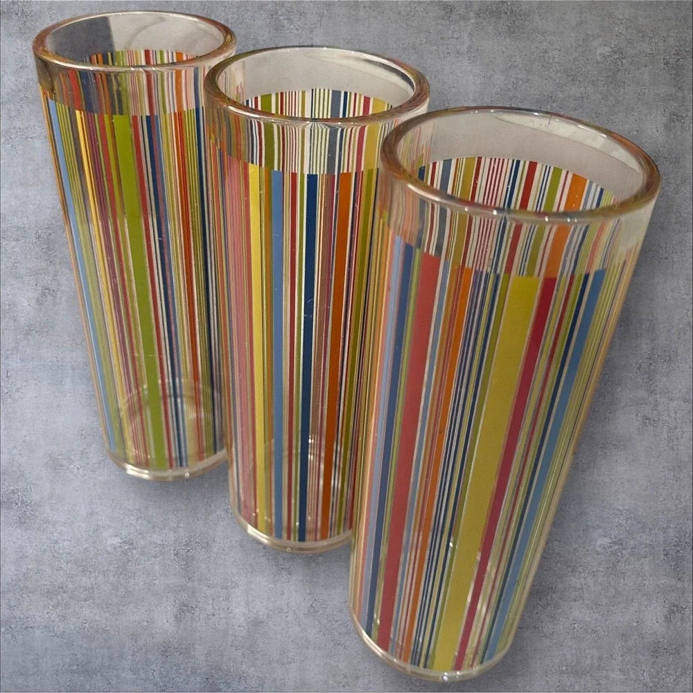 HTF Pottery Barn Al Fresco Tumblers Set of 3 Multicolor Striped Acrylic 7.25in